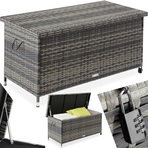 tectake® Poly Rattan Auflagenbox wetterfest, abschließbare Box mit Deckel, outdoor Aufbewahrungskiste mit Innentasche, Kissenbox 270L, rollbar, für Garten, Terrasse, Balkonmöbel - grau