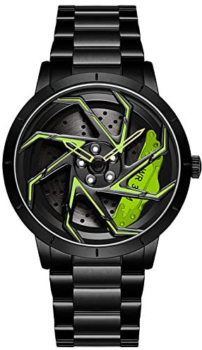 Herren Uhr Kreativ Armbanduhren,Autorad Felgennabenuhr,Auto Rad Felgen Nabe Uhr, Männer Sport Wasserdicht Custom Design Armbanduhr,3D Auto Rad Felge Nabe Quarz Herrenuhr (D-StahlbandSchwarz+grün)