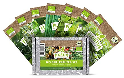 FLORTUS Grillkräuter Samen Set | 7 Sorten BIO Kräutersamen ideal zum Verfeinern für Grillgerichte | Saatgut Box für gemischtes Kräuterbeet | Aromatischer Kräutergarten | Samen Mix für Kräuter Anzucht