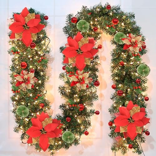 SHAVINGFUN Ghirlanda Natalizia,ghirlanda natalizia con luci,2.7 M ghirlanda natalizia per porta,ghirlanda natalizia per esterno,per Scale,Ringhiere,Finestre,Camino,Porte,Natalizia Decorativa (Rosso)