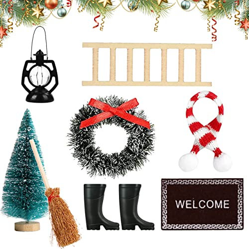 Miniatur Wichtel Set, 8 Stück Miniatur Puppenhaus Wichtel Zubehör, Weihnachten Puppenhaus Zubehör, Mini Haus Ornament mit Stiefel, Teppich, Öllampe, Kranz, Weihnachtsbaum, Holzleiter, Besen, Schal