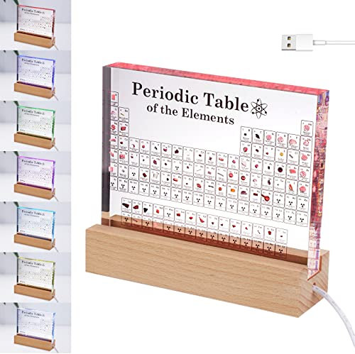 Vusddy Periodensystem mit 83 Echten Elementen - Acryl LED Display für Chemie Lernen und Lehren - Kreatives Geschenk für Lehrer, Studenten und Chemieliebhaber - Lernwerkzeug & Tisch Dekoration