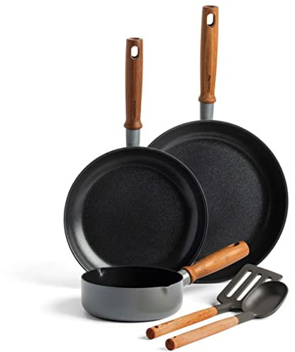 GreenPan Mayflower Pro Batterie de Cuisine 5 Pièces avec Revêtement Antiadhésif Céramique Sain, Inclu. Poêle, Casserole, Marmite, Manche en Bois Style Vintage, Sans PFAS, Induction, Gris Charbon