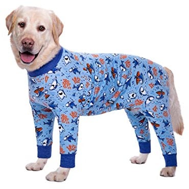 BT Bear Large Dog Clothes, Elastic Pet Onesie Clothes Protect Joints Anti-hair Anti Licking, Wound Protection Pet Pajamas PJS Dog Jumpsuit For Medium Large Dogs(5XL,Blue Shark)
