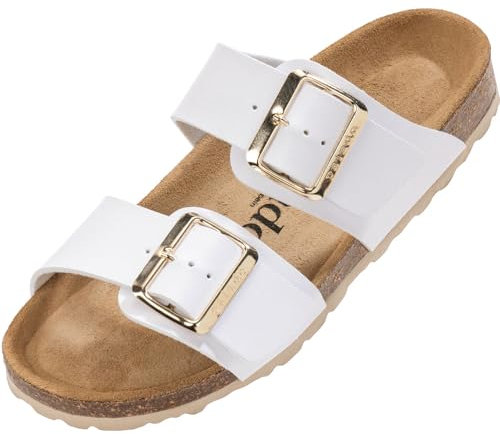 Palado Pantoletten Damen Samos EGS - bequeme Sandalen Made in Spain - Hausschuhe mit dämpfendem Kork-Fußbett - modische Sommerschuhe Weiß Matt UK8 - EU41