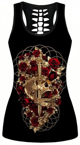Ocean Plus Femme Crâne Sport Débardeurs Gothique Cache-cœur Gilet d'entraînement sans Manches Chemise Criss Cross Noir T-Shirt Halloween (M (Brustumfang: 86 cm), Roses Rouges et crâne doré)