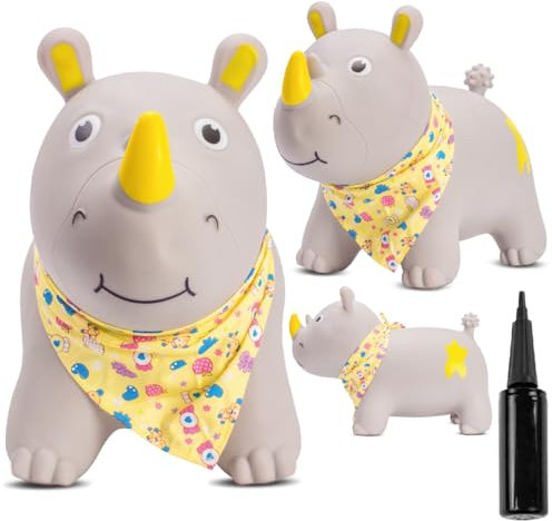sun baby Hüpftiere ab 1 Jahr mit Pumpe aufblasbares Hüpfspielzeug aus Hochwertigem und Strapazierfähigem Gummi, Verschiedene Designs (Graues Nashorn mit Bandana)