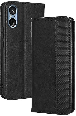 RankOne Flip-Lederhülle handyhülle für Smartphone, Compatible with Sony Xperia 5 V (6.1 Inches) Schwarz