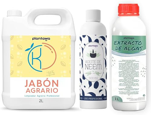 Pack d'économie de savon potassique 2 L + huile de Neem 500 ml + algues marines 1 l 100 % naturel protection verger, durable, booster de croissance, mouche blanche, araignée rouge, puceron, cochenille