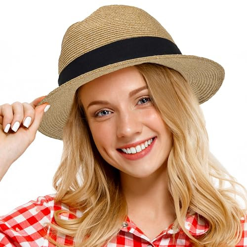Men-Women Short-Brim Straw-Fedora-Hat Soft-Khaki Panama-Sun-Hat Roll-Up Beach-Trilby-Hat Summer-Outdoor Medium, Khaki, M/L