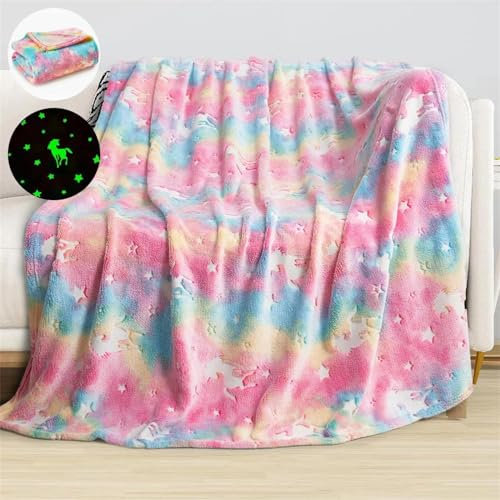 Bibykivn Einhorn Decke Kuscheldecke Kinder - Decke Leuchtet im Dunkeln, Flauschig Kinderdecken, Sofadecke für 1-10 Jährige Mädchen und Jungen, Weiche Wohndecke für Geschenk (Farbig, 100 x 150cm)