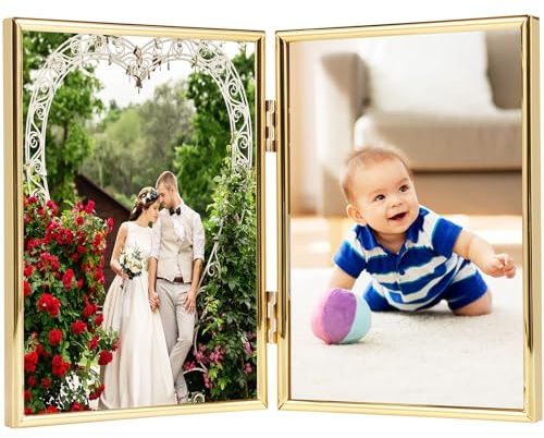 7x5 Double Photo Frame, Hinged Folding Picture Frame with Glass Front Stand Vertically on Desktop or Tabletop (7x5 BiFold Gold)