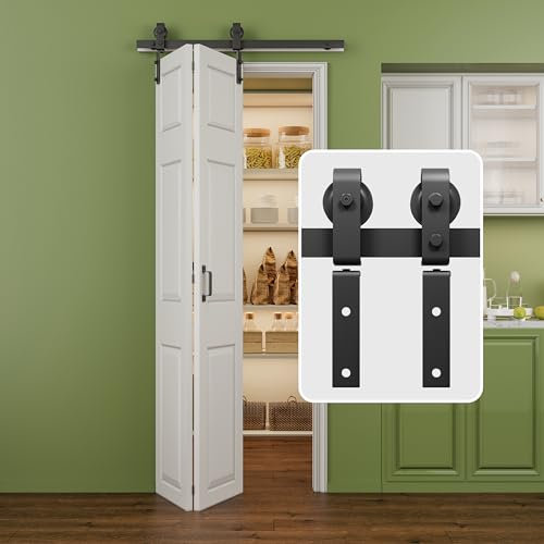 AINLARRY 40 Bifold Barn Door Hardware Kit, 3.3FT Bi-Folding Closet Door Track Kit, Smoothly and Quietly, Fit Double 18 Bifold Doors (1 Handle As A Gift, NO Door)