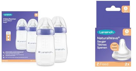Lansinoh Babyflaschen mit NaturalWave Sauger Gr. M, 240 ml & NaturalWave Sauger, Gr. S - langsamer Milchfluss, 2 Stück (1er Pack)