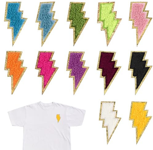 12 PCS Golden Edges Lightning Iron On Patch, Bright Vivid Colors Iron On Patches, Lightning Embroidered Patch/Sew on Appliques for Clothes Dress Hat Jeans DIY Accessories