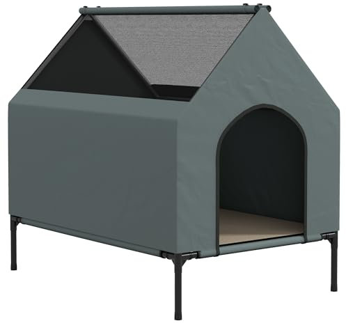 PawHut Hundehütte Outdoor Hundezelt mit Mesh-Fenster, erhöhtes Hundebett mit abnehmbarem Deckel, Tragetasche, Hundehöhle für kleine, mittelgroße Hunde, Oxford, Grau, 81 x 51 x 78 cm
