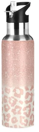 Borraccia con cannuccia, a prova di perdite, borsa dell'acqua calda con leopardo rosa, glitterata, borraccia termica sottovuoto, per ragazze e ragazzi, 600 ml