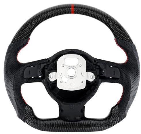 Acclcors Carbonfaser-Lenkrad, D-förmiges Lenkrad mit flachem Boden und roten Nähten, personalisiertes Lederlenkrad, perforierte Ledergriffe für Audi TT TTRS R8 2007-2015