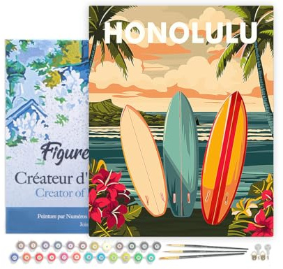 Figured'Art Peinture par Numéro Adulte avec Cadre Affiche de voyage Honolulu - Activité Manuelle Kit de Loisir Créatif DIY Numéro d'Art Complet - 40x50cm toile tendue sur châssis