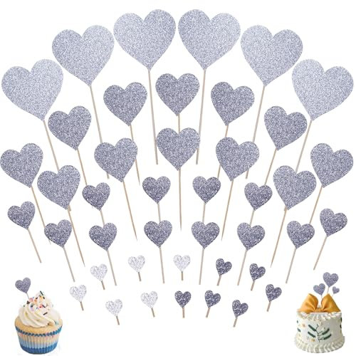 42 Stück Cupcake Topper, Kuchendeko, Liebe Herz Cupcake Toppers, Party Kuchen Dekorationen Silber, Muffin Deko Geeignet für Geburtstag, Hochzeit, Party-Kuchendekoration