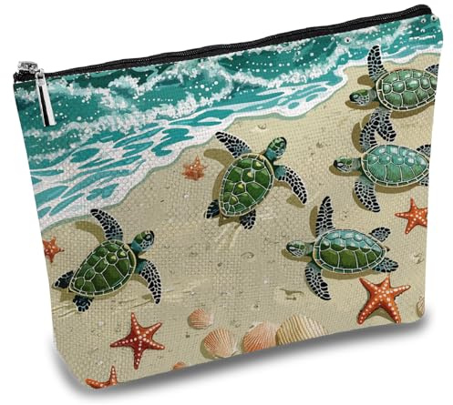 CREATCABIN Schminktäschchen Mit Schildkröten Motiv Kosmetiktasche Segeltuch Mehrzweck Federmäppchen Mit Metallreißverschluss Kulturbeutel Mit Meeresmotiv Kleine Reisetasche Geldbörse 25x18cm