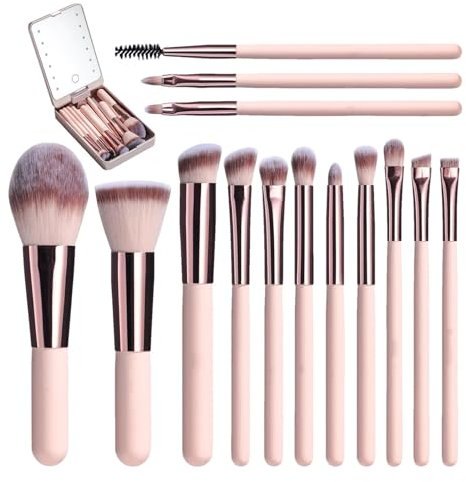 Ensemble de pinceaux de maquillage avec miroir LED – 14 pinceaux de maquillage de voyage portables avec boîte de rangement, petit kit de pinceaux de maquillage pour une application précise, pratique p