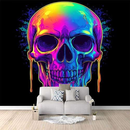 Photo Wallpaper Fantasy Paint Neon Skull 3D Effect Panoramic Mural Wallpaper Non-Woven Living Room Wall Decoration Black Poster Mural Wallpaper for Adult Children Bedroom 250 x 175 cm Art Wallpaper
