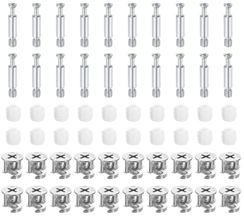 sourcing map 30Set 15x14mm Furniture Cam Lock Fitting with 5.8x32mm Dowel Fasteners, 3-in-1 Metal Furniture Board Connecting Screws Bolts Assortment Kit for Cabinets Chairs Drawer