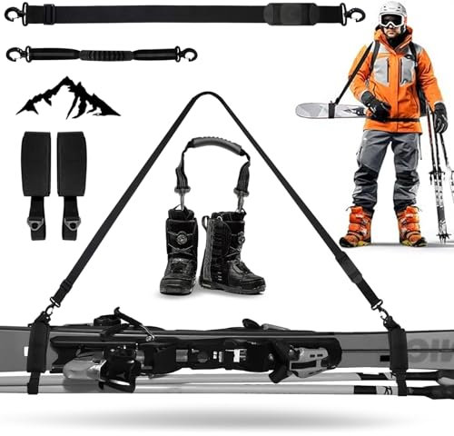 2 Stück, Ski Tragegurt und Stöcke Tragegurt, Skigurte zum Tragen, Schifahren Skateboard Verstellbarer Schultergurt, schützt vor Kratzern, einfacher Transport, entworfen für Kinder und Erwachsene