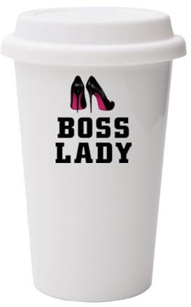 Boss Lady Gift for Women, Wall Eco Insulated, White Ceramic Travel Mug, with White Lid.