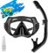 Snorkel Set Adults, Scuba Snorkelling Packages with 180° Panoramic Anti-Fog Tempered Glass Snorkel Mask, Leak Proof Dry Top Snorkel for Snorkeling Diving Swimming with Anti Fog Spray（Black）