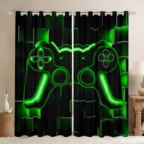 Homewish Gaming Vorhänge 137x117(HxB) Kinder Coole Videospiele Schwarz | Fenster Vorhänge für Mädchen Jungen,Gamepad Farbverlauf Grün Fenstervorhang Gardinen 3D Druck Schlafzimmer Dekor 2 Paneele