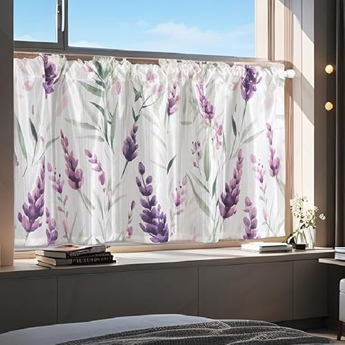 Daliena Scheibengardine Lavendel – Kurze Küchengardine, Halbtransparente Bistrogardine, Fenstergardinen Romantisch Floral, Fensterdeko Gardine Landhausstil (BxH 100x60cm) Weiß 1 stück
