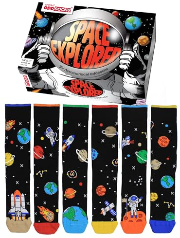 United Oddsocks Space Explorer Geschenkbox für Herren - 6 Mismatched Galaxy-Themed Socken - Raketen, Planeten & Sterne - 15 Mix & Match Combos - UK 6-11, US 13.5-8, EU 30.5-38.5 - Cotton Rich Socks