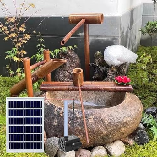 Fontana ad Acqua in bambù a Energia Solare, Fontana Zen a 2 Livelli, Fontana di bambù Naturale Feng Shui, Decorativa da Esterno, per Giardino, Cortile, Stagno