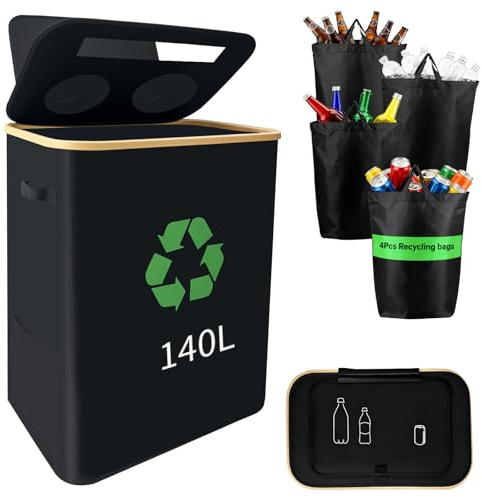 lompyeu 140L Pfandflaschen Sammelbehälter 2 Fächer, Pfandflaschen Behälter [inkl. 4 XXL Tragetasche], Leergut & Altglas Aufbewahrung mit Loch, Flaschensammler leergut für Küche & Abstellraum