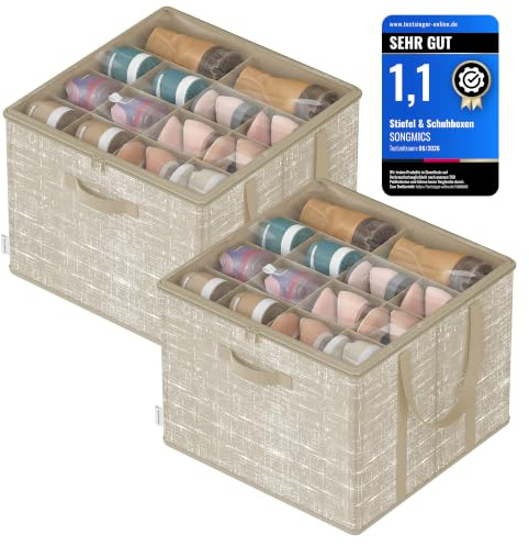 SONGMICS Shoe Organiser Box 16 Pairs, Clear Lid, Cappuccino Beige | Fabric Bin for Closet, Bedroom, Entryway, 2 Pack, TINA Collection LSP602LF01