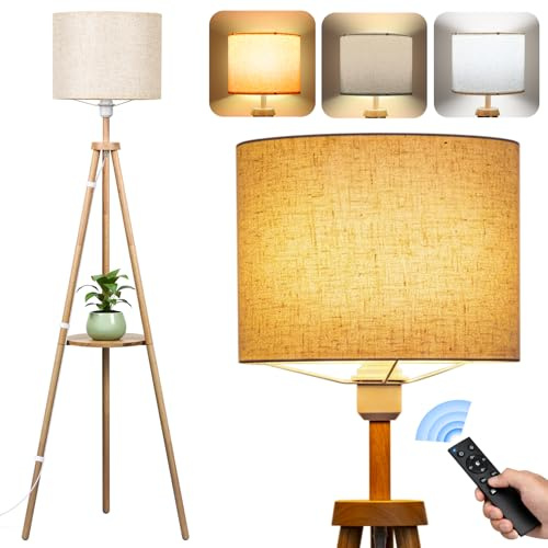 NIKYJM Stehlampe Wohnzimmer mit Regal, Holz Standleuchte LED Dimmbar Dreibein 3 Farbtemperatur Halbe Stunde und Eine Stunde Timerfunktion mit Lampenschirm Fußschalter für Wohnzimmer Schlafzimmer Büro