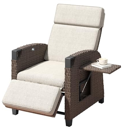 Amopatio Relaxliege Liegesessel, Rattan Sonnenliege mit Verstellbar Rückenlehne und Klapptisch, Outdoor Gartensessel wetterfestes, für Terrasse, Garten, Balkon – Beige & Braun