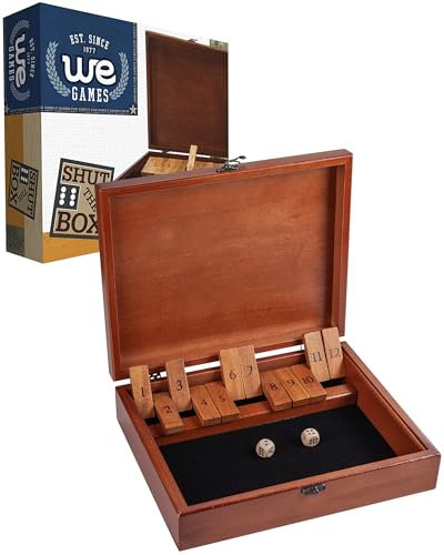 WE Games Shut the Box Game with 12 Numbers in an Old World Styled Wood Box with a Lid and a Brass Latch by WE Games