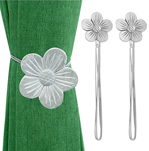 Lewondr Vintage Magnetischer Vorhang Raffhalter, 1 Paar Harz Blume Vorhangschnalle mit starkem dauerhaftem Magneten für Dekoration Zuhause Cafe Büro - Silber