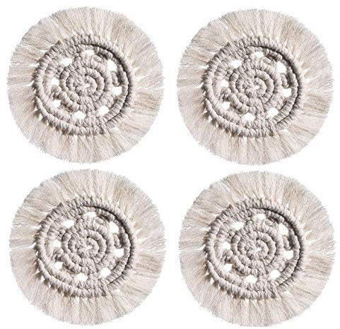 FülleMore Makramee Tischsets Platzdeckchen hitzebeständige Tischmatten Baumwollgeflecht Untersetzer 16cm Rund für Tassen,Gläser Teller,Besteck (4)