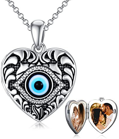SOULMEET Sterling Silber Herz Shaped Evil Eye Medaillon Halskette, die Bilder hält Foto personalisierte Medaillon Halskette