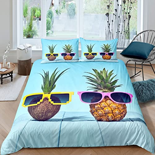 Loussiesd Ananas Bettbezug Set Ananas mit Brille Bettwäsche Set 155x220cm für Kinder Jungen Mädchen süße Tropische Früchte Betten Set Kawaii Ananas mit 1 Kissenbezug
