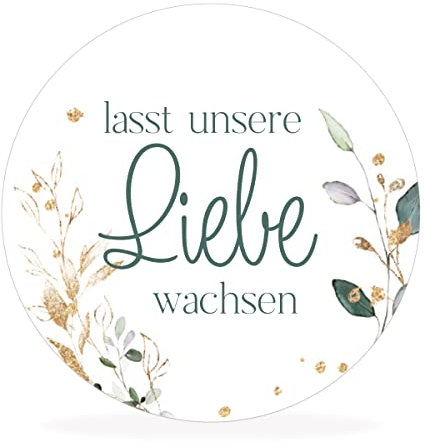 white&ivory, 50x runde Aufkleber, Sticker lasst unsere Liebe wachsen | stilvolles Design: floral | 4cm Durchmesser | selbstklebend | Gastgeschenke für Hochzeit Taufe Geburtstag