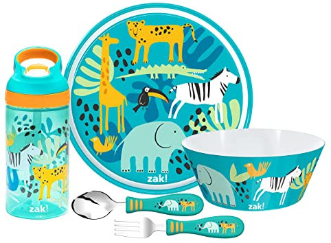 Zak Designs Safari - Juego de vajilla de 5 piezas, plástico duradero y acero inoxidable, incluye botella de agua, plato de 8 pulgadas, cuenco, tenedor y cuchara de 6 pulgadas, adecuado para niños a