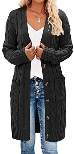 Earnmore Womens Long Sleeve Cable Knit Long Cardigan Open Front Button Sweater Outerwear, Black,