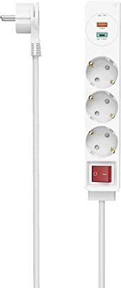 Hama Steckdosenleiste, 3-Fach, USB-C/A 18W, PD/QC, Schalter, Flachst., 1,4 m, W, Weiß