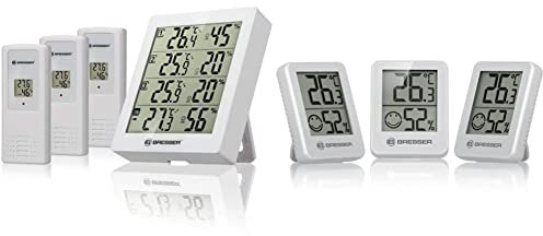 Bresser Temeo Hygro Quadro Thermohygrometer, weiß & Thermometer Hygrometer Temeo Hygro Indicator 3er-Set zum Aufstellen oder zur Wandmontage mit Raumklima-Indikator, Weiss, 4.5x1.6x5.8 cm