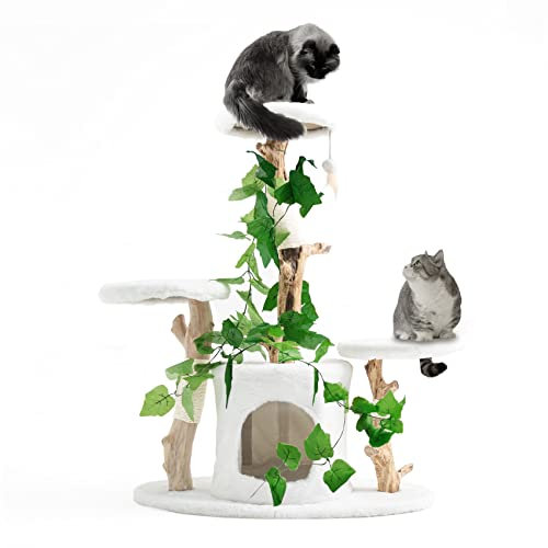 Petest Cat Tree 38 Inch Real Branch Cat Tower Wood Cat Condo for Indoor Cats Furniture Activity Center with Scratch Post for Kitten